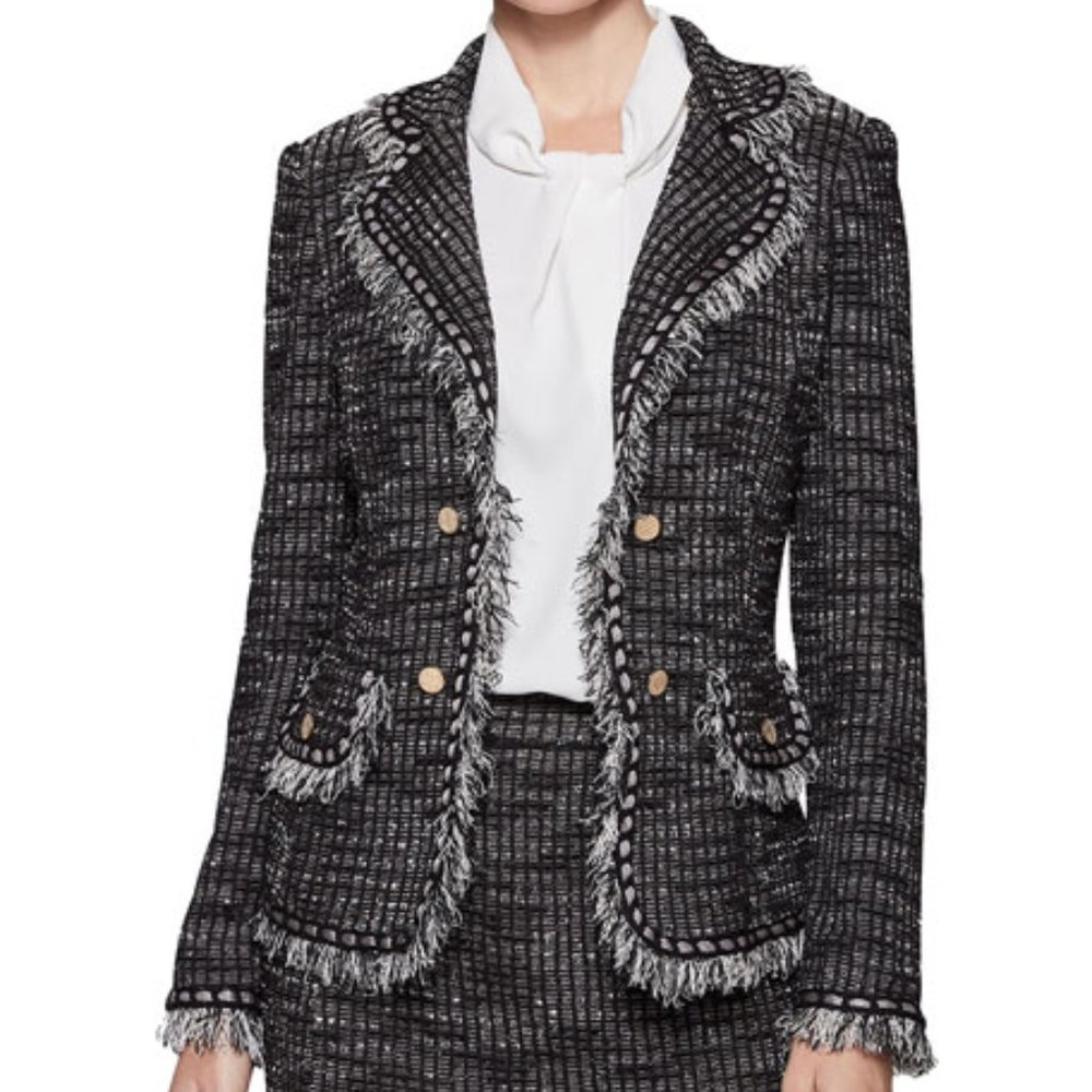 Misook Tweed Fringe Ribbon Trim Black Knit Jacket EUC sz XS